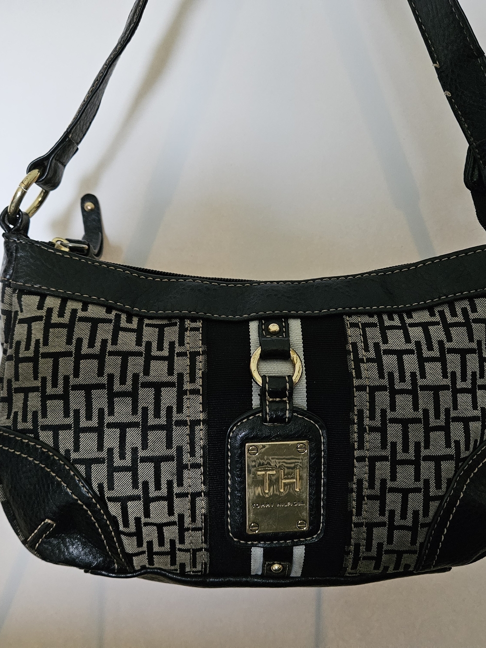 Tommy Hilfiger Black & Cream Monogram Shoulder Bag with Gold Hardware